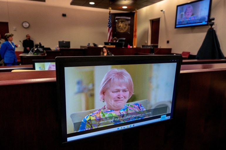 Olga Solovey appears, crying, on a video screen in court.