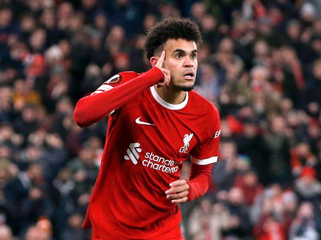 Liverpool's Luis Diaz celebrates scoring their first goal on November 30, 2023