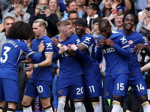 Chelsea's Noni Madueke celebrates scoring against West Ham United on May 5, 2024