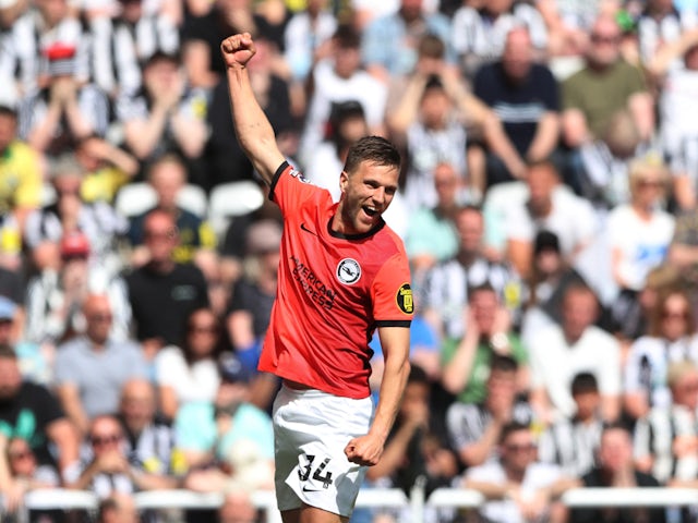 Brighton & Hove Albion's Joel Veltman celebrates scoring their first goal on May 11, 2024
