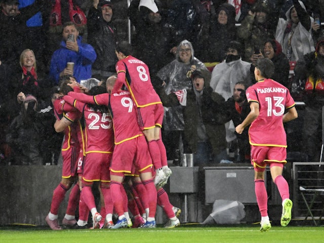 St Louis City defender Tim Parker (26) celebrates with teammates after scoring on October 30, 2023