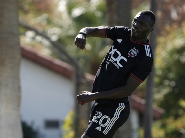 DC United player Christian Benteke reacts before a pre-season MLS game against Charlotte FC at Empire Polo Club on February 1, 2023