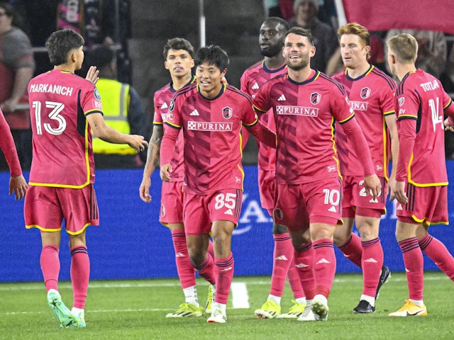 St Louis City midfielder Hosei Kijima (85) is congratulated after scoring a goal against the Houston Dynamo during the second half at CITYPARK on February 21, 2024