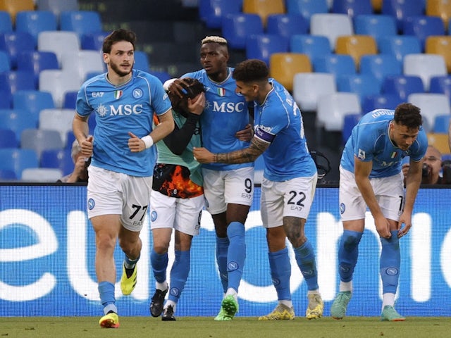Napoli's Victor Osimhen celebrates scoring their second goal with teammates on April 28, 2024