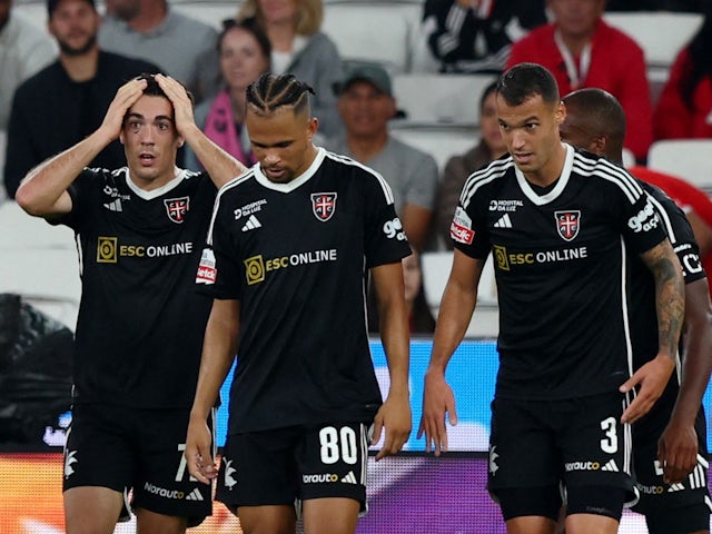 Casa Pia's Gaizka Larrazabal celebrates scoring their first goal with teammates on October 28, 2023