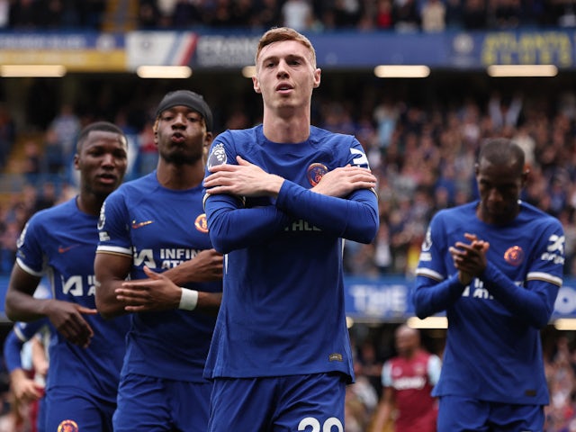 Chelsea's Cole Palmer celebrates scoring against West Ham United on May 5, 2024