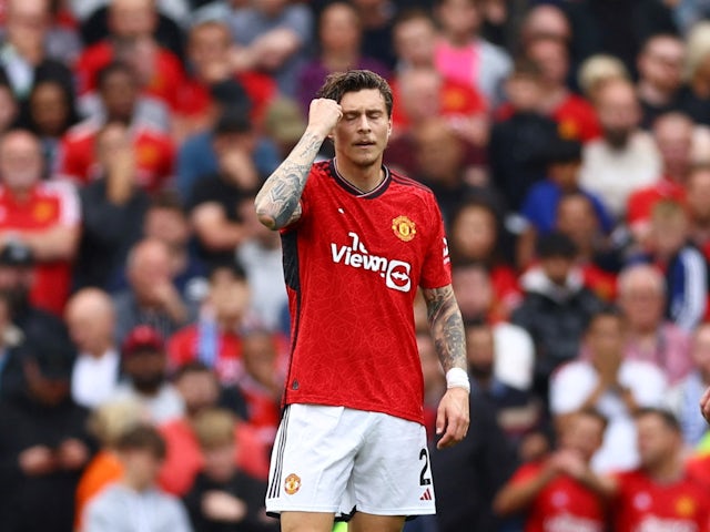 Manchester United's Victor Lindelof reacts after Brighton & Hove Albion's first goal on September 16, 2023