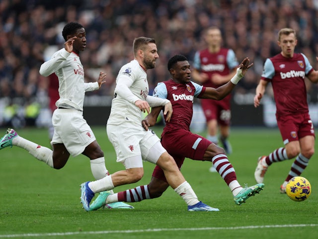 West Ham United's Mohammed Kudus in action with Manchester United's Luke Shaw on December 23, 2023