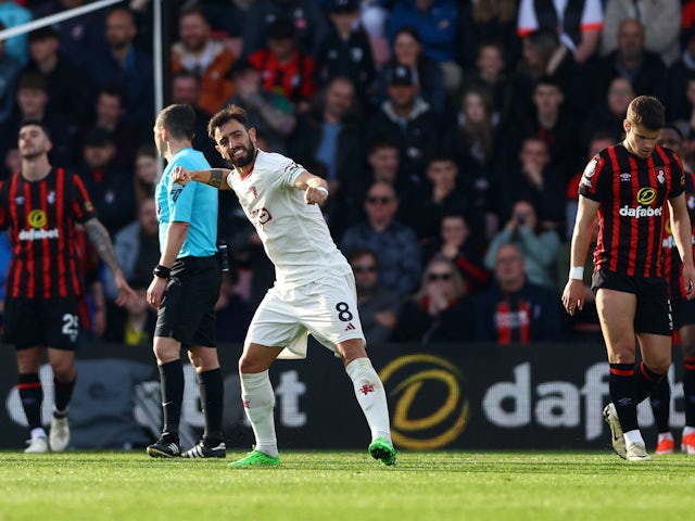 Manchester United's Bruno Fernandes celebrates scoring against Bournemouth on April 13, 2024