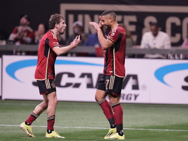 Atlanta United forward Giorgos Giakoumakis (7) celebrates on March 10, 2024