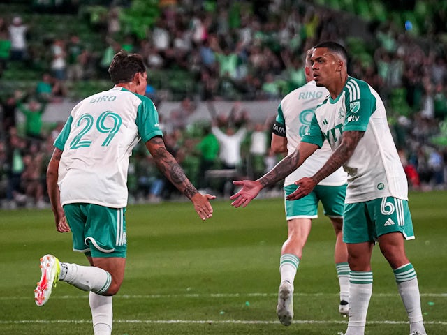 Austin FC defender Guilherme Biro (29) celebrates scoring on February 24, 2024