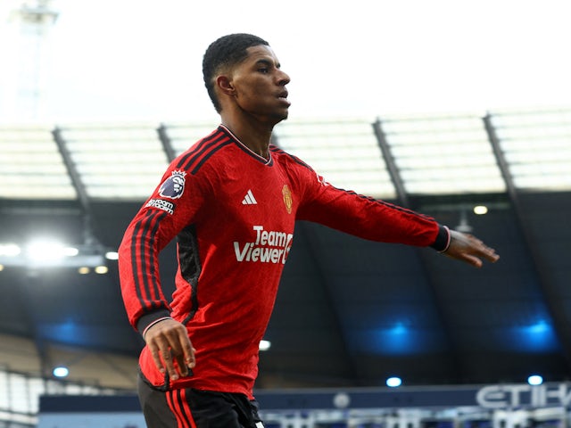 Manchester United's Marcus Rashford celebrates scoring against Manchester City on March 3, 2024