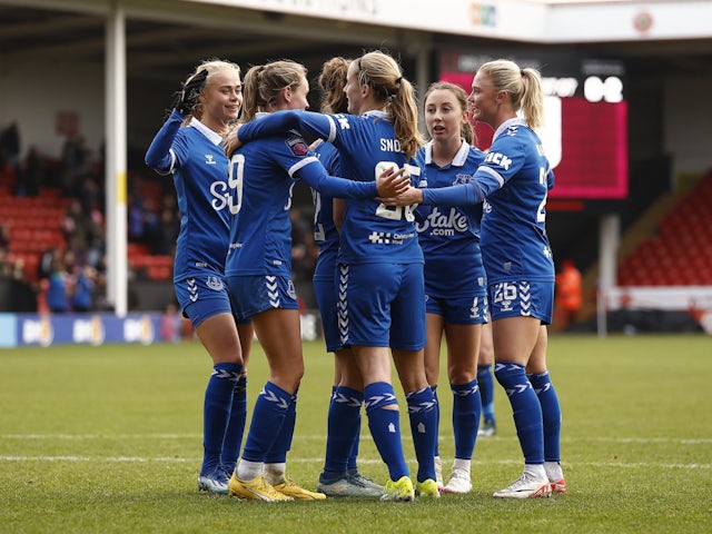 Everton Women's Katja Snoeijs celebrates scoring their third goal with teammates on January 13, 2024