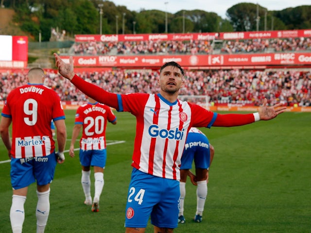 Girona's Portu celebrates scoring their second goal on May 4, 2024