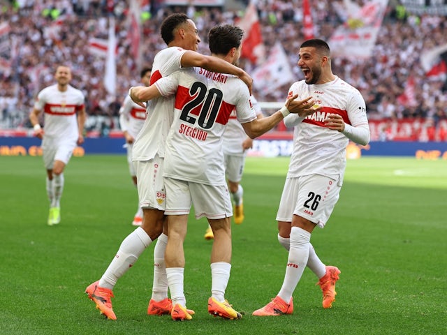 VfB Stuttgart's Leonidas Stergiou celebrates scoring their first goal with teammates on May 4, 2024