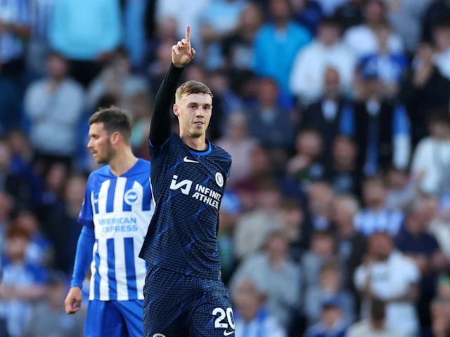 Chelsea's Cole Palmer celebrates scoring their first goal on May 15, 2024