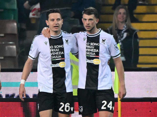 Udinese's Lazar Samardzic celebrates scoring their first goal with Florian Thauvin on April 8, 2024