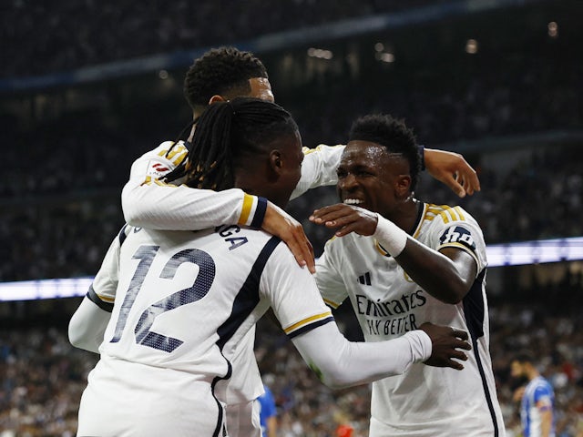 Real Madrid's Vinicius Junior celebrates scoring against Alaves on May 14, 2024
