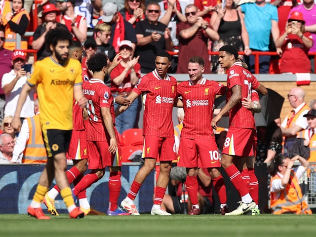 Liverpool's Alexis Mac Allister celebrates scoring their first goal on May 19, 2024