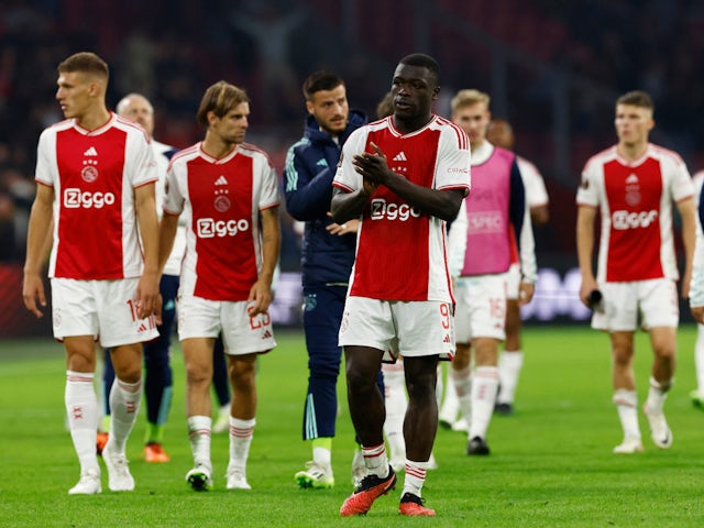 Ajax Amsterdam's Brian Brobbey applauds fans after the match on April 18, 2024