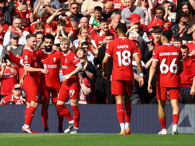 Liverpool's Mohamed Salah celebrates scoring their first goal on May 5, 2024