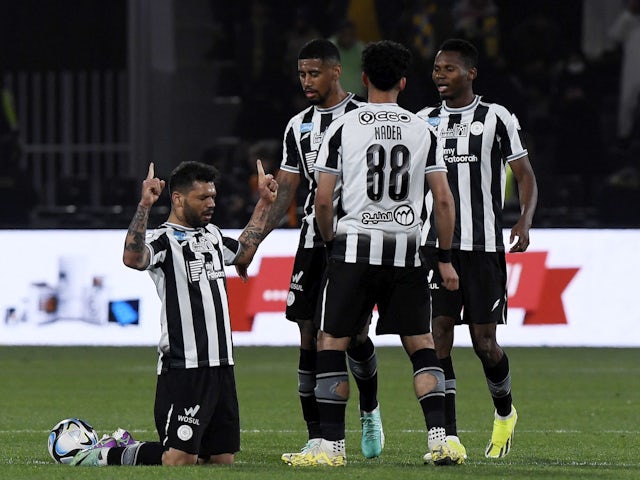 Al Shabab's Carlos celebrates scoring their second goal with teammates on February 25, 2024