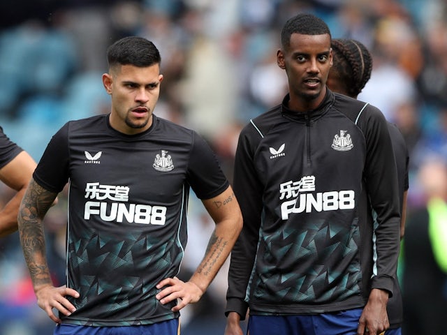 Newcastle United's Bruno Guimaraes and Alexander Isak during the warm up before the match on May 13, 2023