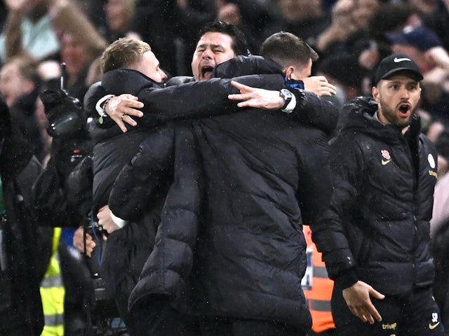 Mauricio Pochettino celebrating Chelsea's win over Manchester United on April 4, 2024.