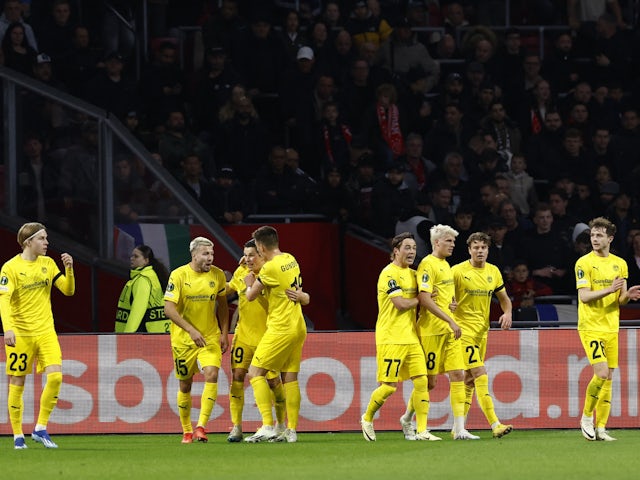 Bodo/Glimt's Albert Gronbaek celebrates scoring their first goal with teammates on February 15, 2024