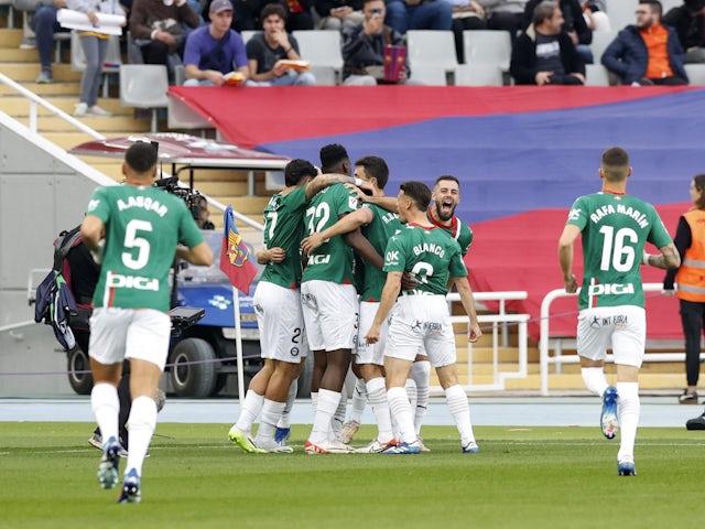 Deportivo Alaves' Samu Omorodion celebrates scoring their first goal with teammates on November 12, 2023