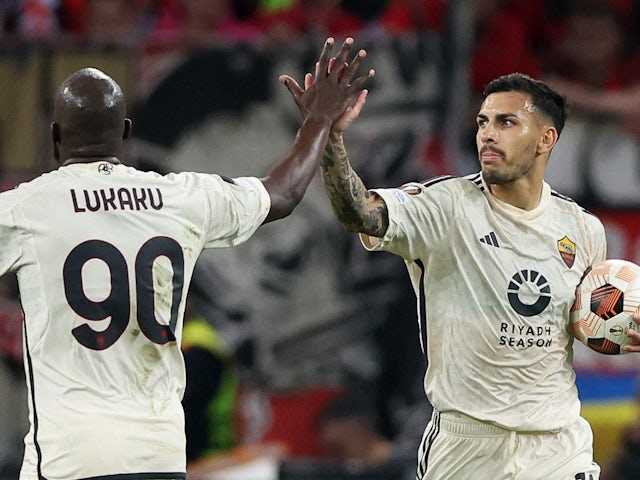 AS Roma's Leandro Paredes celebrates scoring their first goal on May 9, 2024