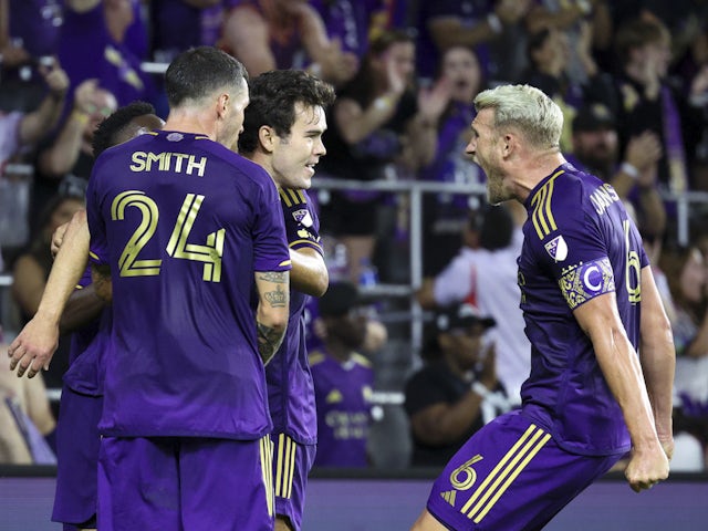 Orlando City defender Robin Jansson (6) congratulates forward Jack Lynn (27) after scoring a goal on March 24, 2024