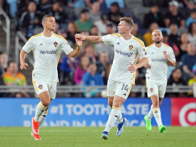 LA Galaxy forward Dejan Joveljic (9) celebrates with defender John Nelson (14) after scoring on May 16, 2024