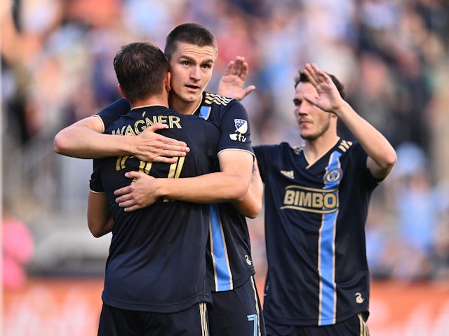 Philadelphia Union forward Mikael Uhre (7) celebrates with defender Kai Wagner (27) after scoring a goal on October 29, 2023