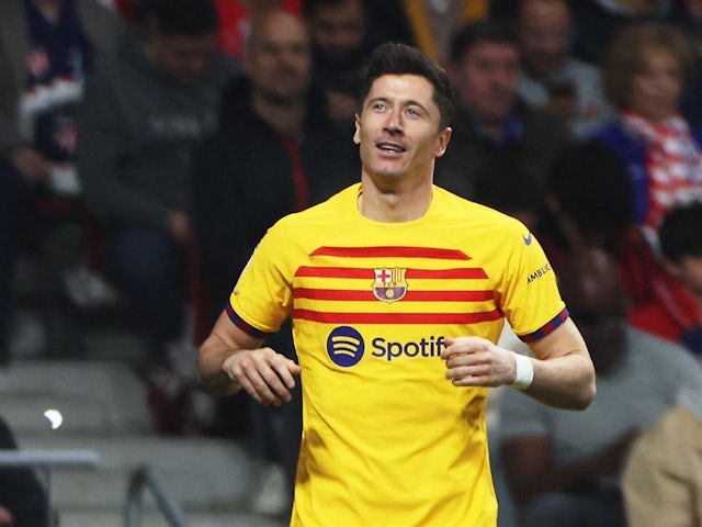 FC Barcelona's Robert Lewandowski celebrates scoring their second goal on March 17, 2024