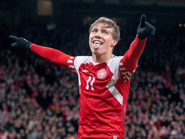  Denmark's Rasmus Hojlund celebrates scoring their second goal on March 23, 2023