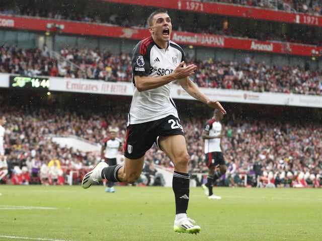 Fulham's Joao Palhinha celebrates scoring their second goal on August 26, 2023