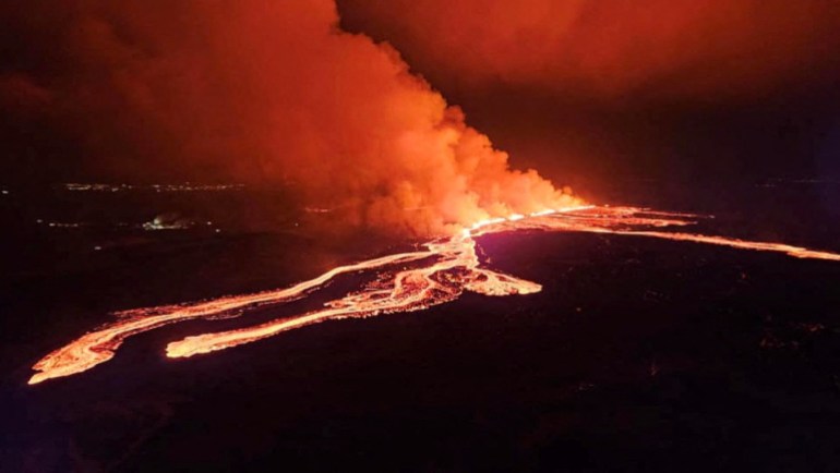 A volcanic eruption takes place, near Grindavik, Iceland, March 16, 2024. Public Safety Department of the National Police/Handout via REUTERS THIS IMAGE HAS BEEN SUPPLIED BY A THIRD PARTY