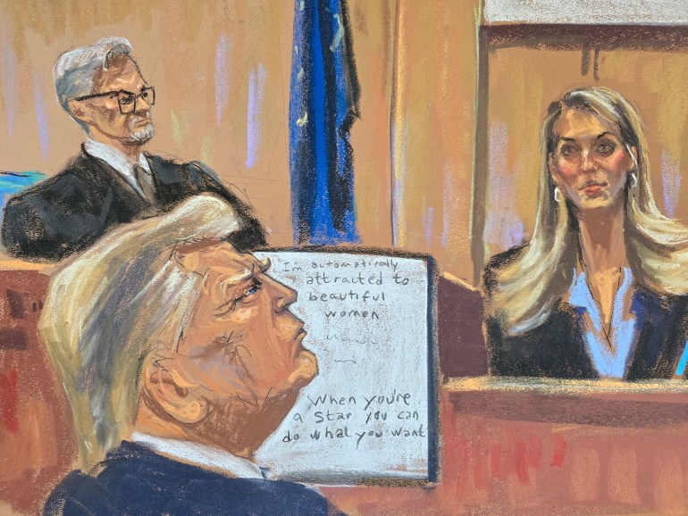 A courtroom sketch of Donald Trump looking upwards at Hope Hicks on the witness stand.