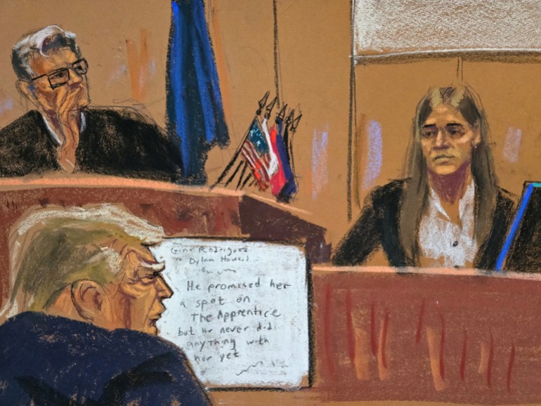 Georgia Longstreet sits in the witness box as Judge Juan Merchan and Donald Trump look on in this courtroom sketch.