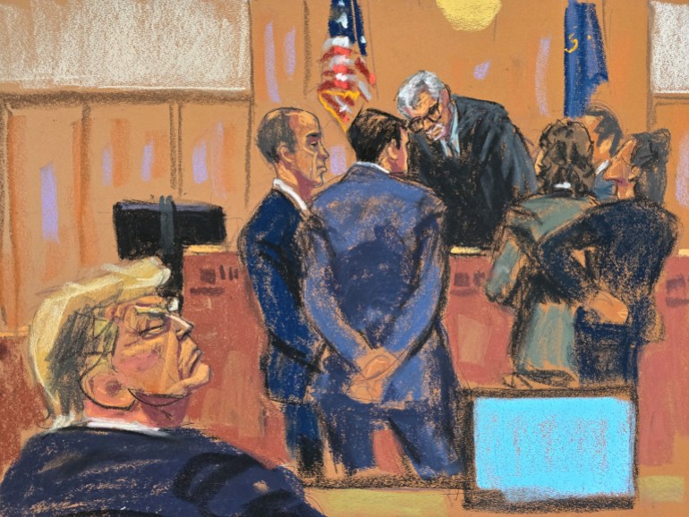 A courtroom sketch of prosecution and defence lawyers gathered around Judge Juan Merchan, as Donald Trump looks on.