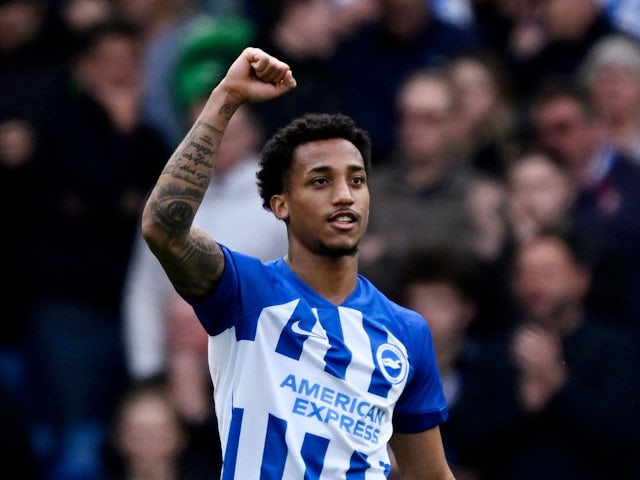 Brighton & Hove Albion's Joao Pedro celebrates scoring their first goal on May 5, 2024