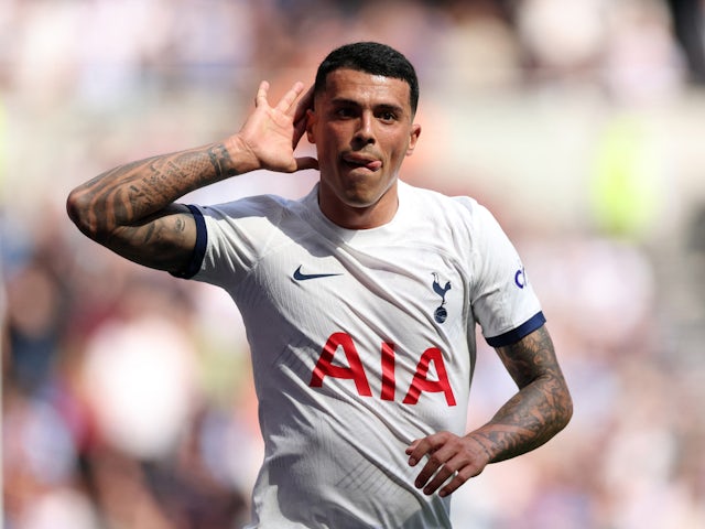 Tottenham Hotspur's Pedro Porro celebrates scoring their first goal on May 11, 2024