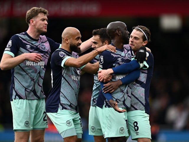 Brentford's Yoane Wissa celebrates scoring their second goal with teammates on April 20, 2024