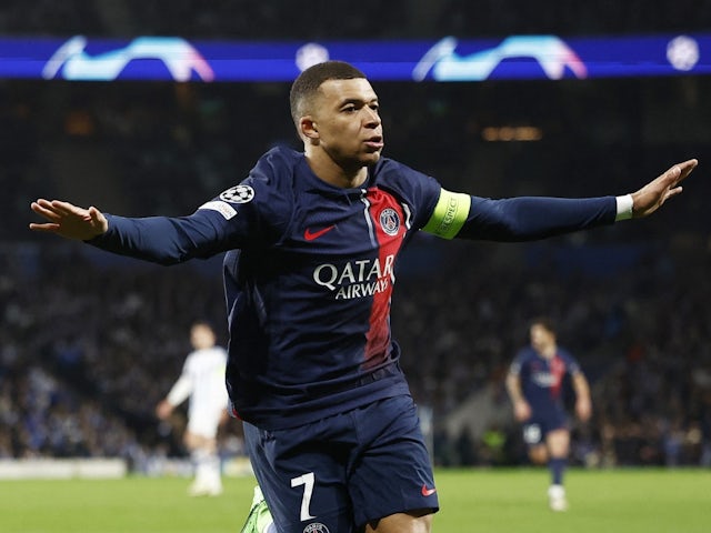 Paris Saint-Germain's Kylian Mbappe celebrates scoring their first goal on March 5, 2024