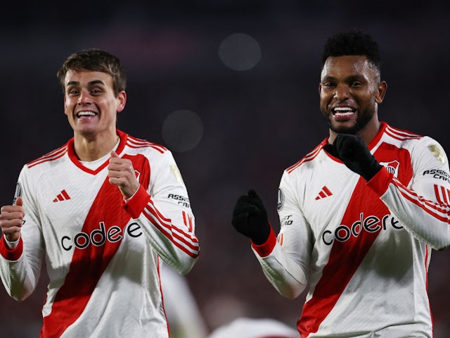 Miguel Borja and Nicolas Fonseca celebrate a River Plate goal in May 2024 at the Copa Libertadores