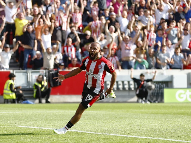 Brentford's Bryan Mbeumo celebrates scoring their second goal on September 2, 2023