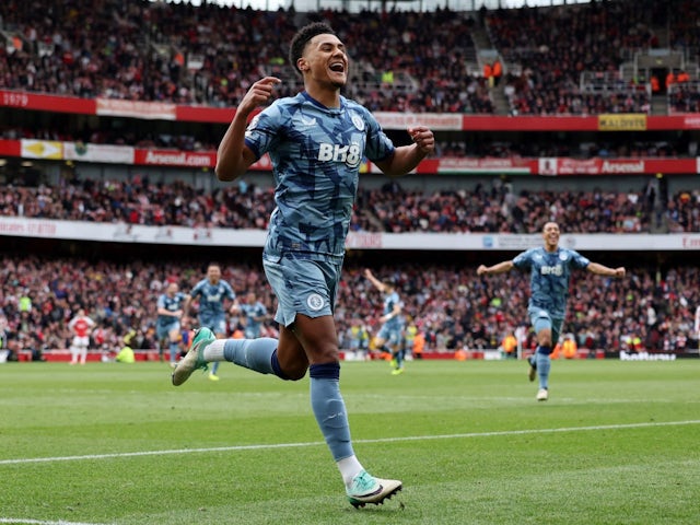 Aston Villa's Ollie Watkins celebrates scoring their second goal on April 14, 2024