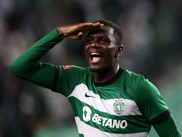 Sporting Lisbon's Ousmane Diomande celebrates scoring their third goal on September 17, 2023