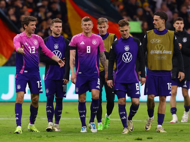 Germany's Thomas Muller, Maximilian Mittelstadt, Toni Kroos, Joshua Kimmich and Robin Koch after the match on March 26, 2024